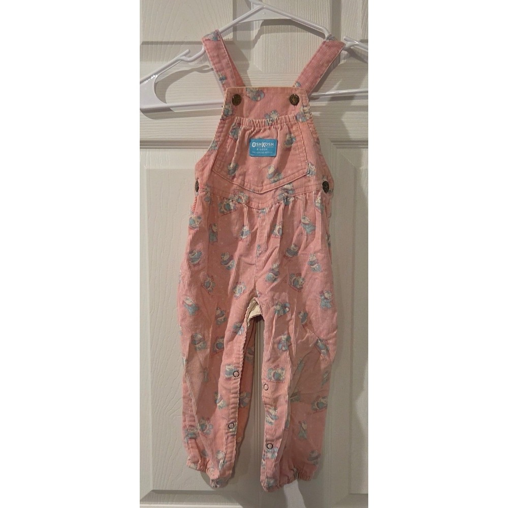 Vintage OshKosh B'Gosh Pink Bear Print Corduroy Overalls 2T‎ Made USA 90s